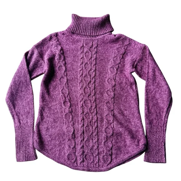 LL Bean Cable Knit Turtleneck Sweater Women’s Mauve Pink Purple 100% Cotton Med - Picture 2 of 8